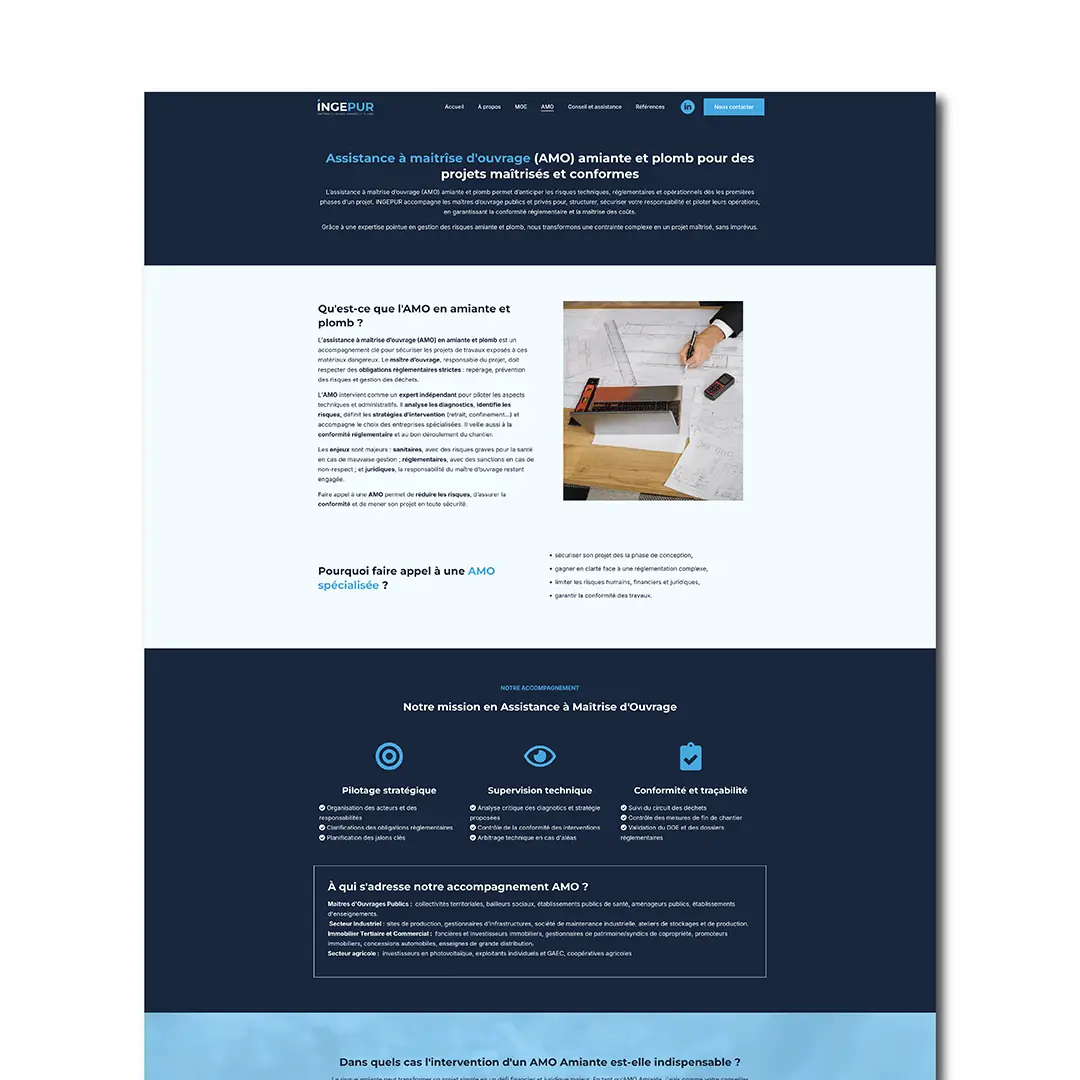 Maquette web d'Ingépur, page Assistance à maitrise d'ouvrage