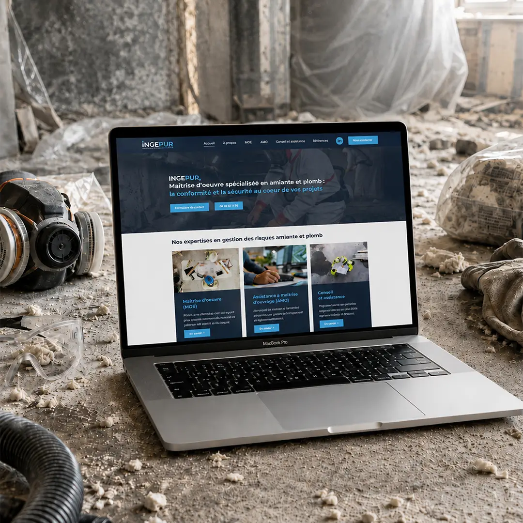 Site web d’INGEPUR spécialisé dans la gestion des risques amiante et plomb, affiché sur un ordinateur