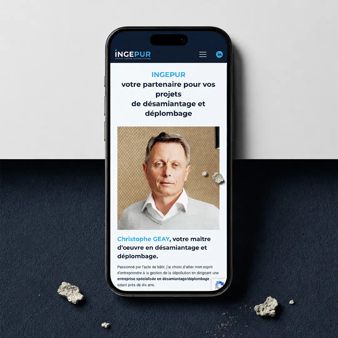 Site web d’INGEPUR spécialisé dans la gestion des risques amiante et plomb, affiché sur mobile