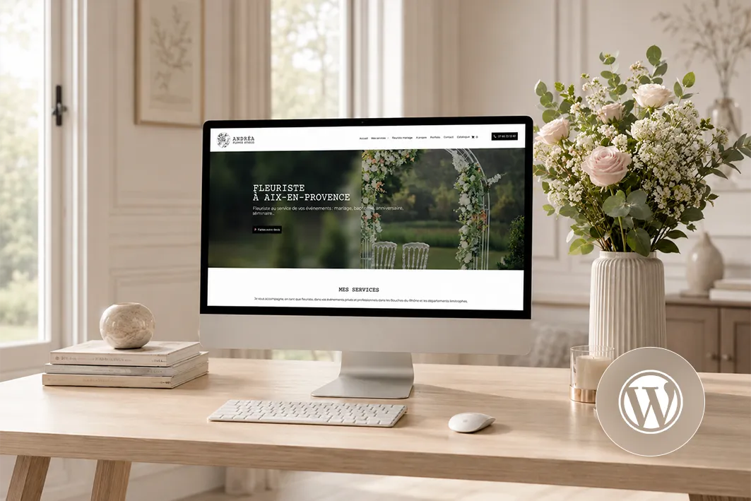 Site internet de Andrea Flower Studio, fleuriste pour événements à Aix-en-Provence, affiché sur ordinateur