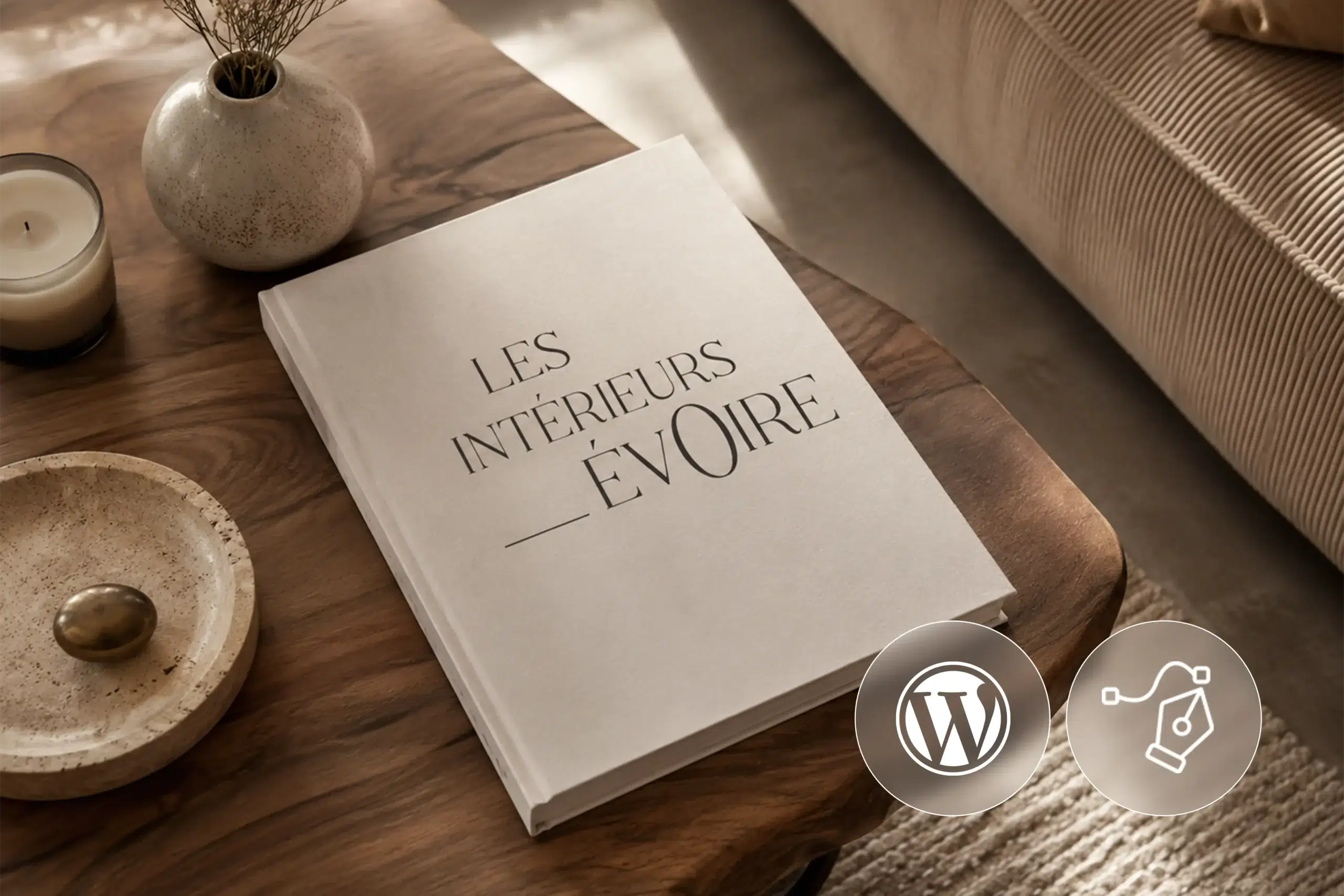 Livre de l'entreprise les Intérieurs Evoire posé sur une table basse en bois massif